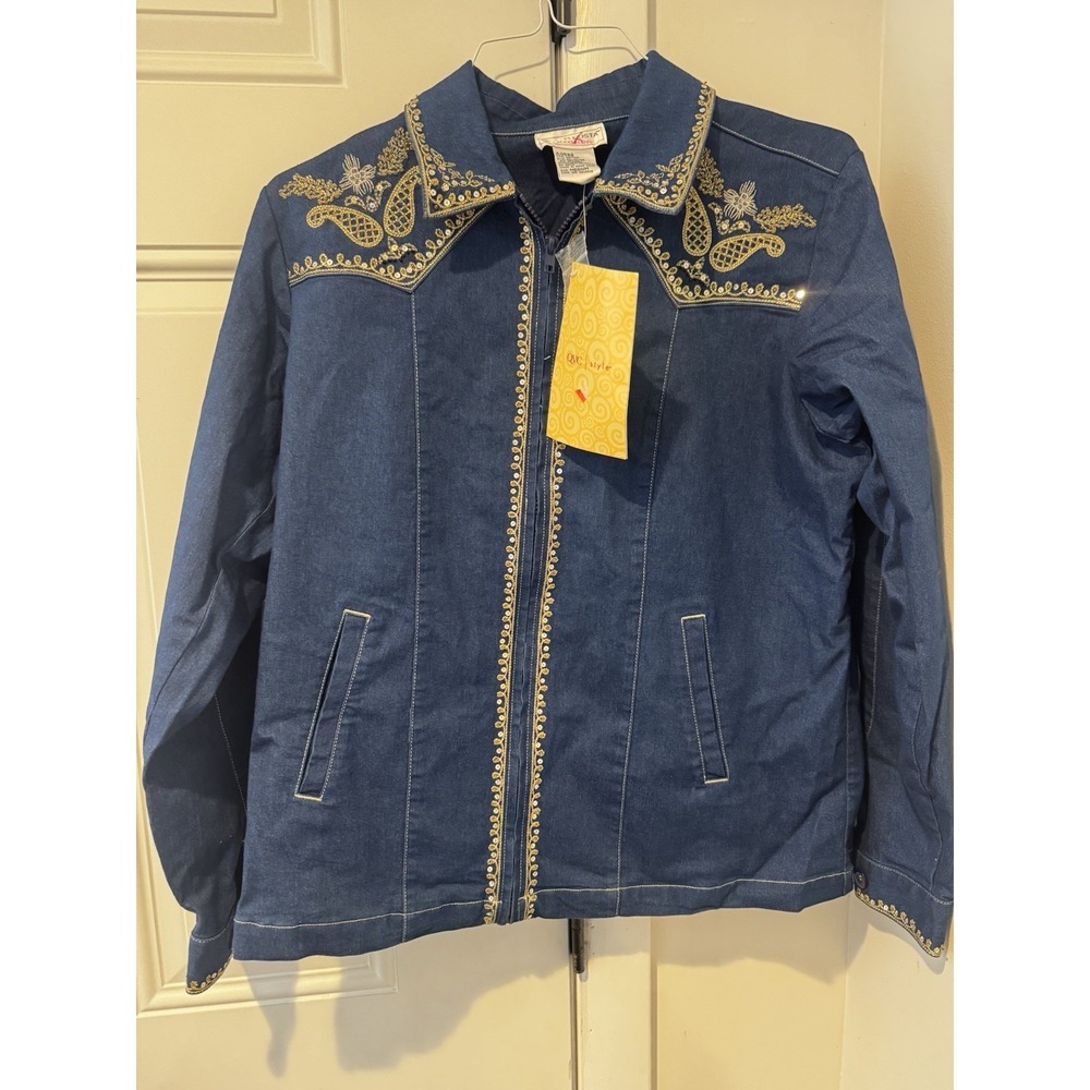Vintage 90s Victor Costa Jean Jacket Western Sequin Denim Rodeo Dark Size M NWT